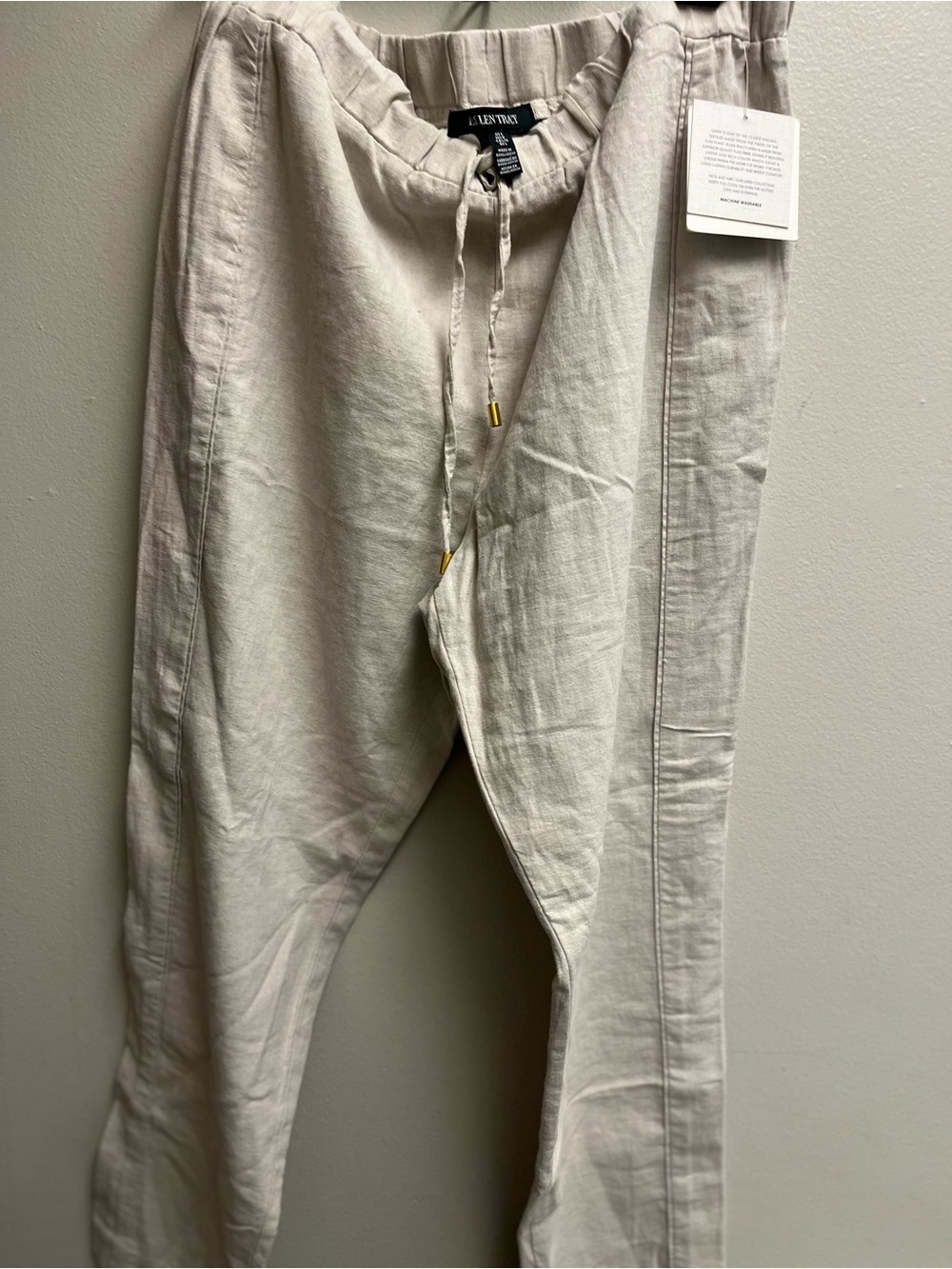 Ellen Tracy Cream Drawstring Linen-Blend Chinos